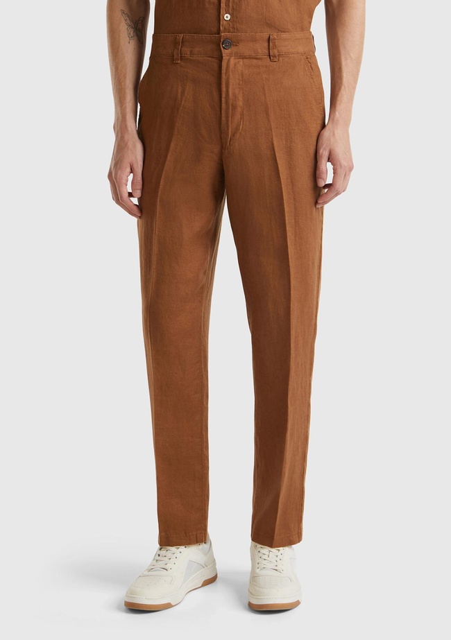  Erkek Kahverengi %100 Keten Pantolon