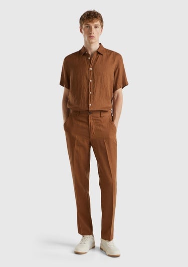  Erkek Kahverengi %100 Keten Pantolon