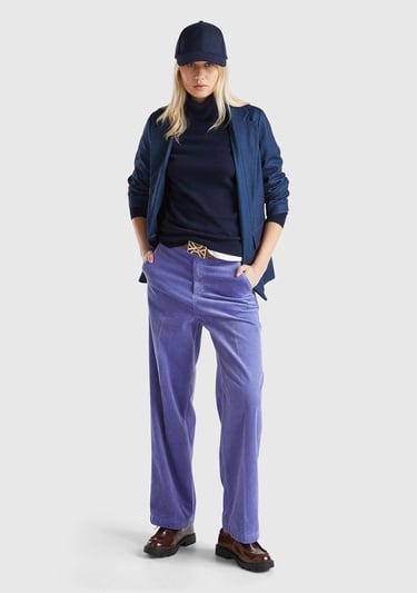  Kadın Mor Pamuk Karışımlı Arkası Lastikli Cepli Geniş Paça Kadife Pantolon