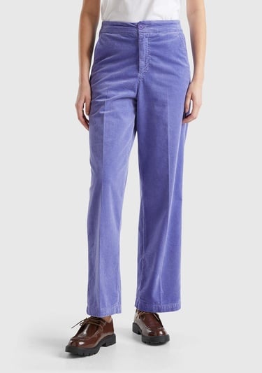  Kadın Mor Pamuk Karışımlı Arkası Lastikli Cepli Geniş Paça Kadife Pantolon