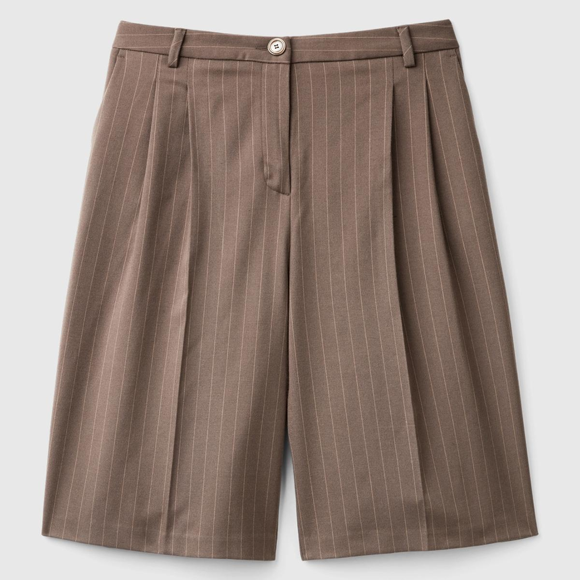 Kadın Taba Viskoz Karışımlı Pile Detaylı İnce Çizgili Bermuda Şort