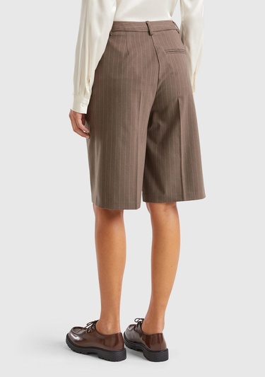  Kadın Taba Viskoz Karışımlı Pile Detaylı İnce Çizgili Bermuda Şort