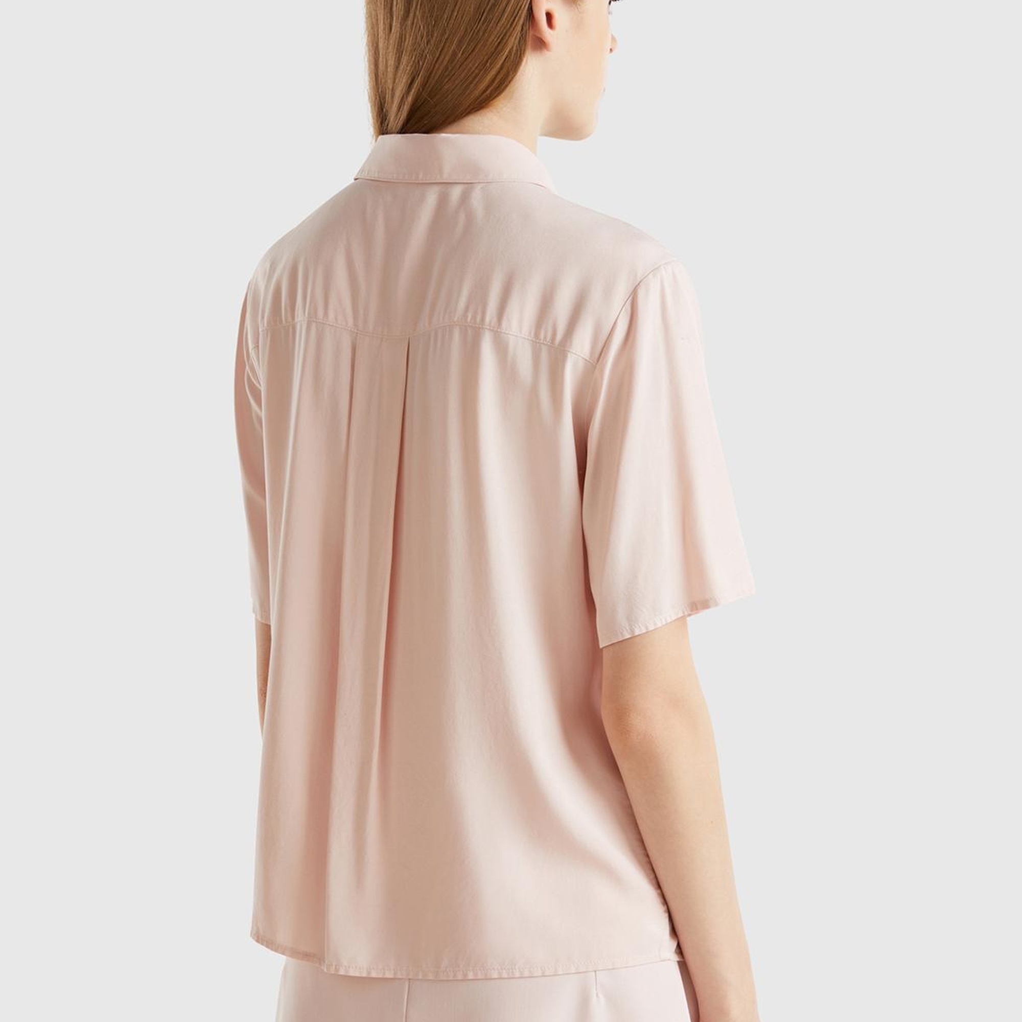 Kadın Toz Pembe %100 Viskoz Yarım Kollu Düz Gömlek