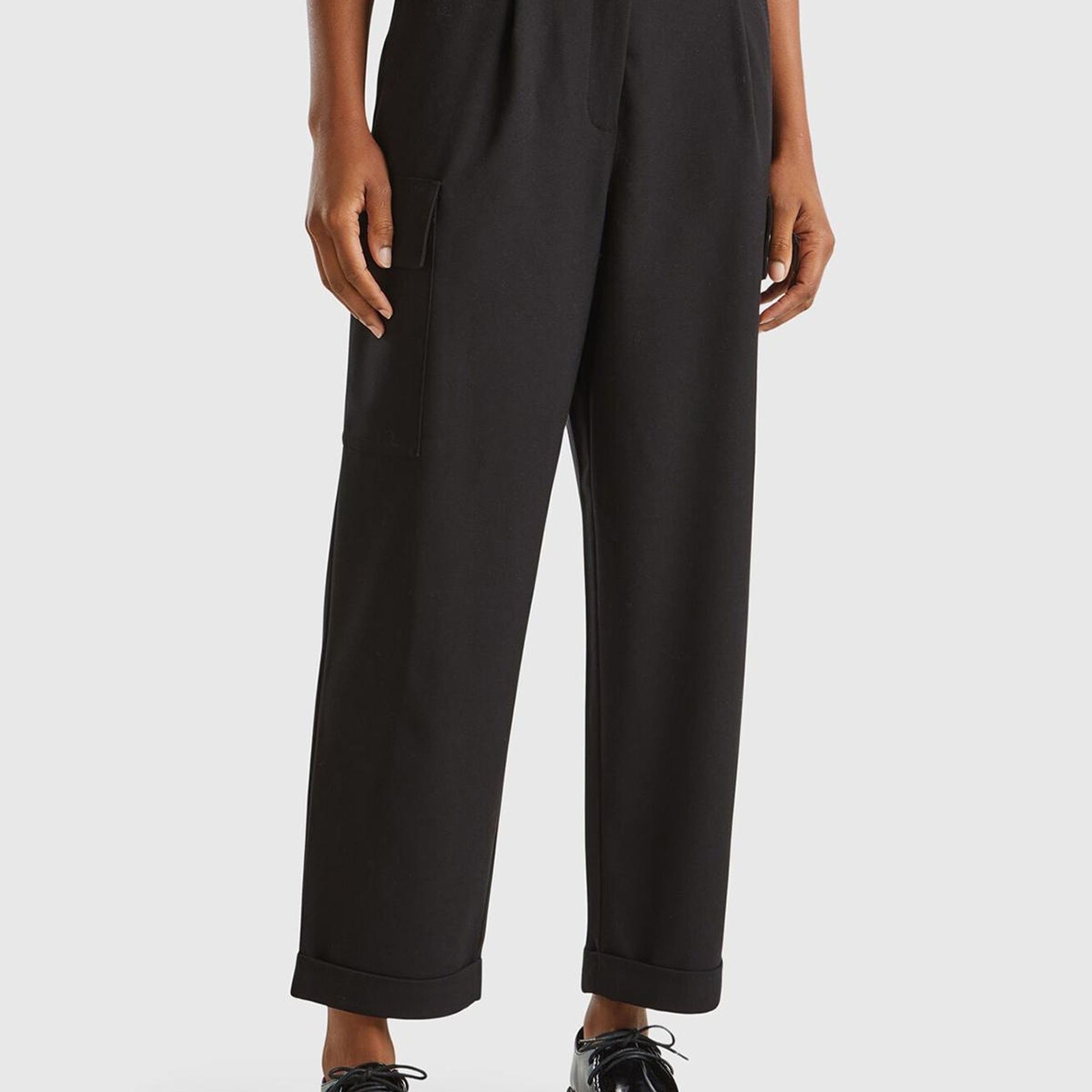 Kadın Siyah Yün ve Liyosel Karışımlı Cepli Yüksek Bel Kargo Pantolon