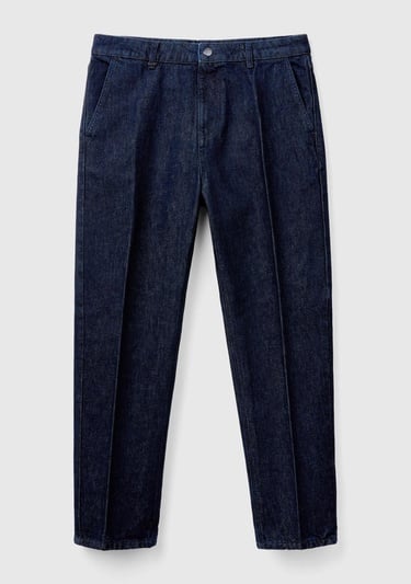  Erkek Koyu Mavi %100 Pamuk Cepli Arkası Logo Etiketli Denim Pantolon