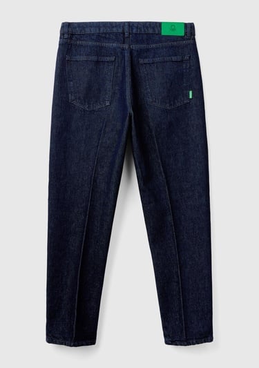  Erkek Koyu Mavi %100 Pamuk Cepli Arkası Logo Etiketli Denim Pantolon