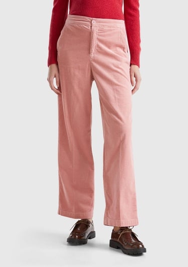  Kadın Pembe Pamuk Karışımlı Arkası Lastikli Cepli Geniş Paça Kadife Pantolon