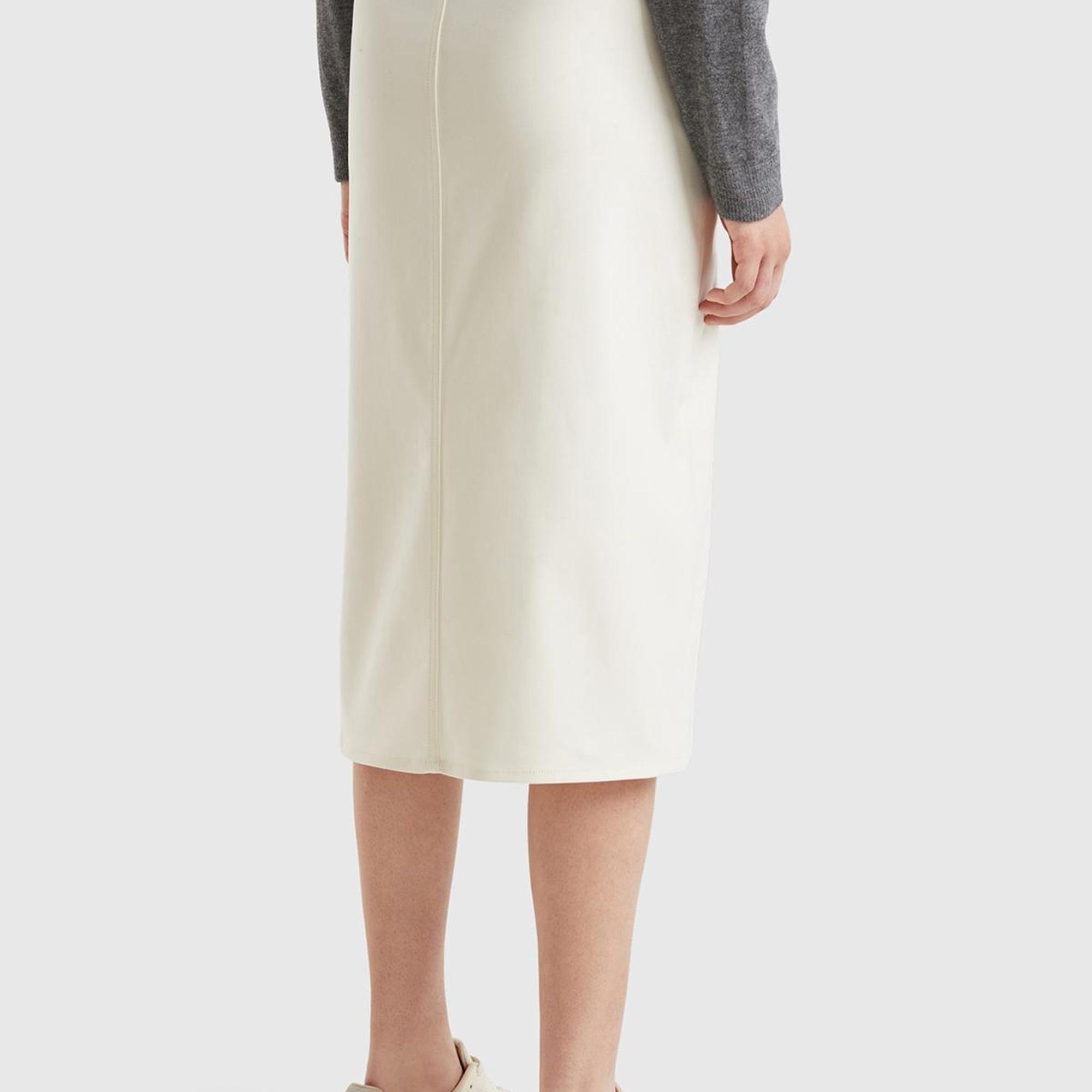 Kadın Krem Pamuk ve Viskoz Karışımlı Ortası Yırtmaçlı Midi Etek