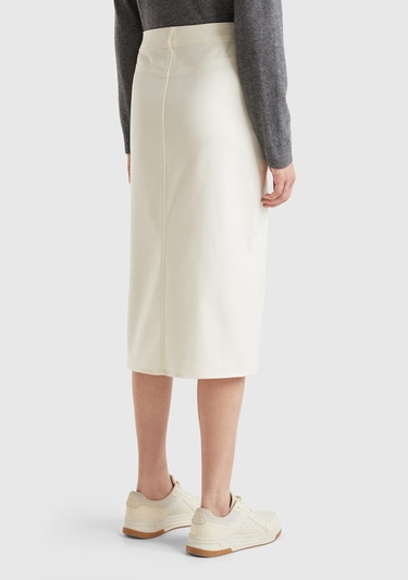  Kadın Krem Pamuk ve Viskoz Karışımlı Ortası Yırtmaçlı Midi Etek