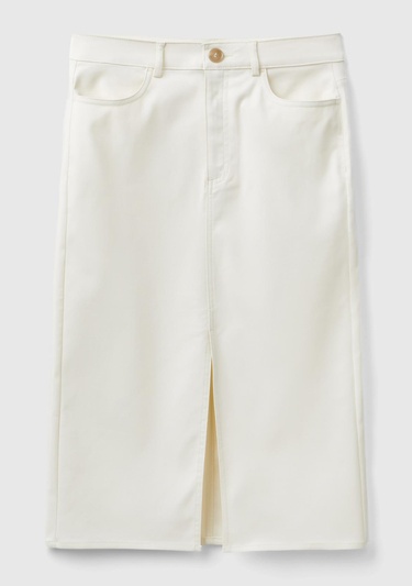  Kadın Krem Pamuk ve Viskoz Karışımlı Ortası Yırtmaçlı Midi Etek