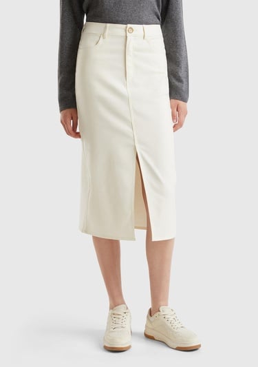  Kadın Krem Pamuk ve Viskoz Karışımlı Ortası Yırtmaçlı Midi Etek