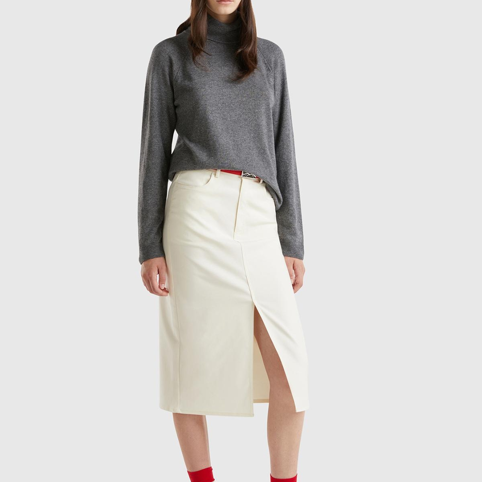 Kadın Krem Pamuk ve Viskoz Karışımlı Ortası Yırtmaçlı Midi Etek