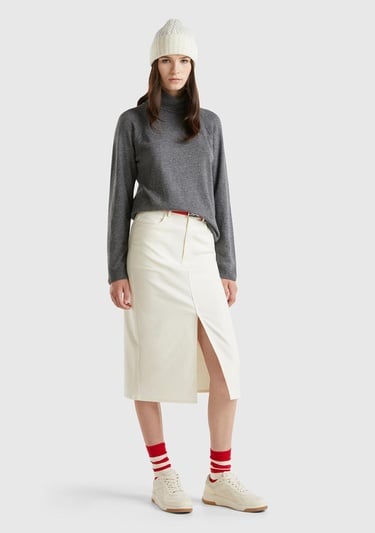  Kadın Krem Pamuk ve Viskoz Karışımlı Ortası Yırtmaçlı Midi Etek