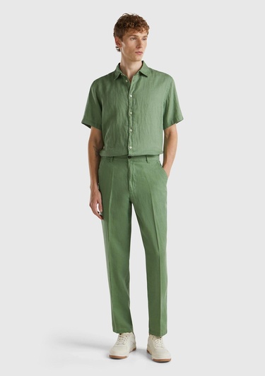  Erkek Mint Yeşili %100 Keten Pantolon