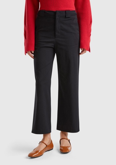  Kadın Siyah Pamuk Karışımlı Düz Paça Bilek Boy Gabardin Pantolon