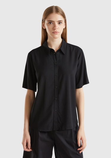  Kadın Siyah %100 Viskoz Yarım Kollu Düz Gömlek