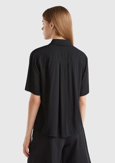  Kadın Siyah %100 Viskoz Yarım Kollu Düz Gömlek
