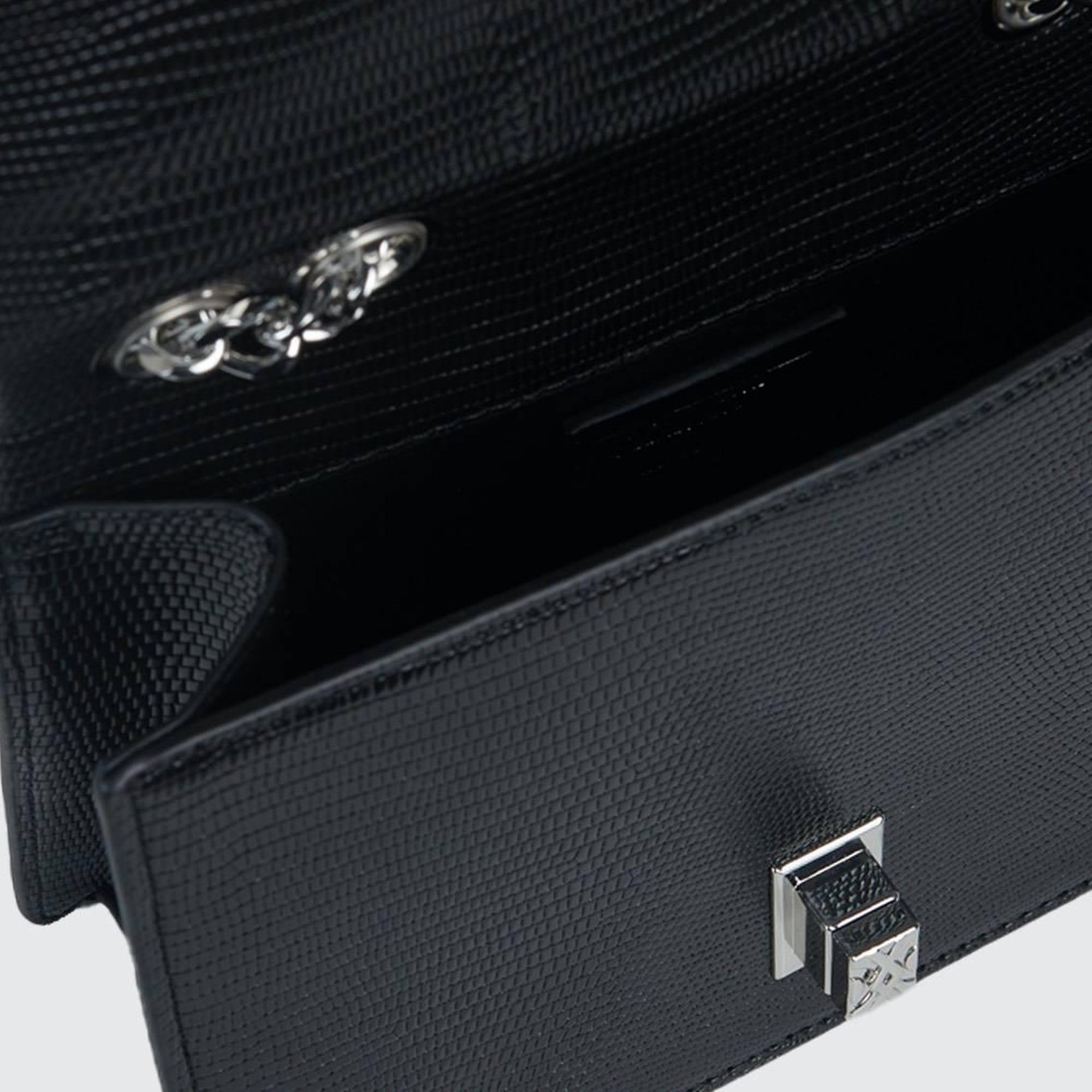 Kadın Siyah Üç Kumaş Detaylı Zincir Askılı Kare Çanta