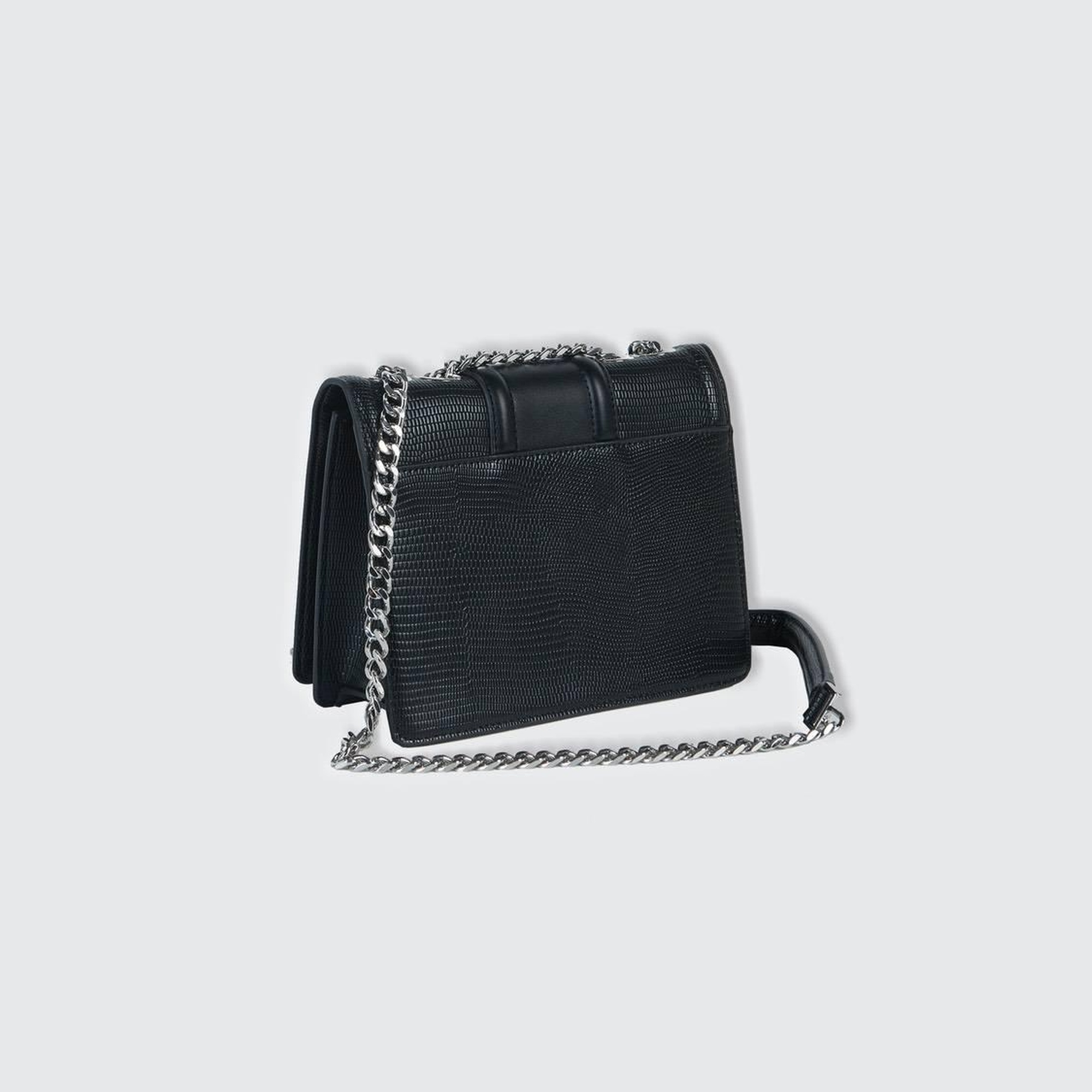 Kadın Siyah Üç Kumaş Detaylı Zincir Askılı Kare Çanta