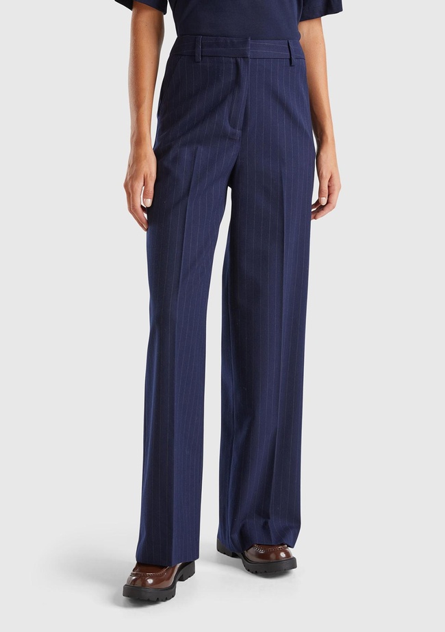  Kadın Lacivert Viskoz Karışımlı Önü Cepli İnce Çizgili Geniş Paça Pantolon