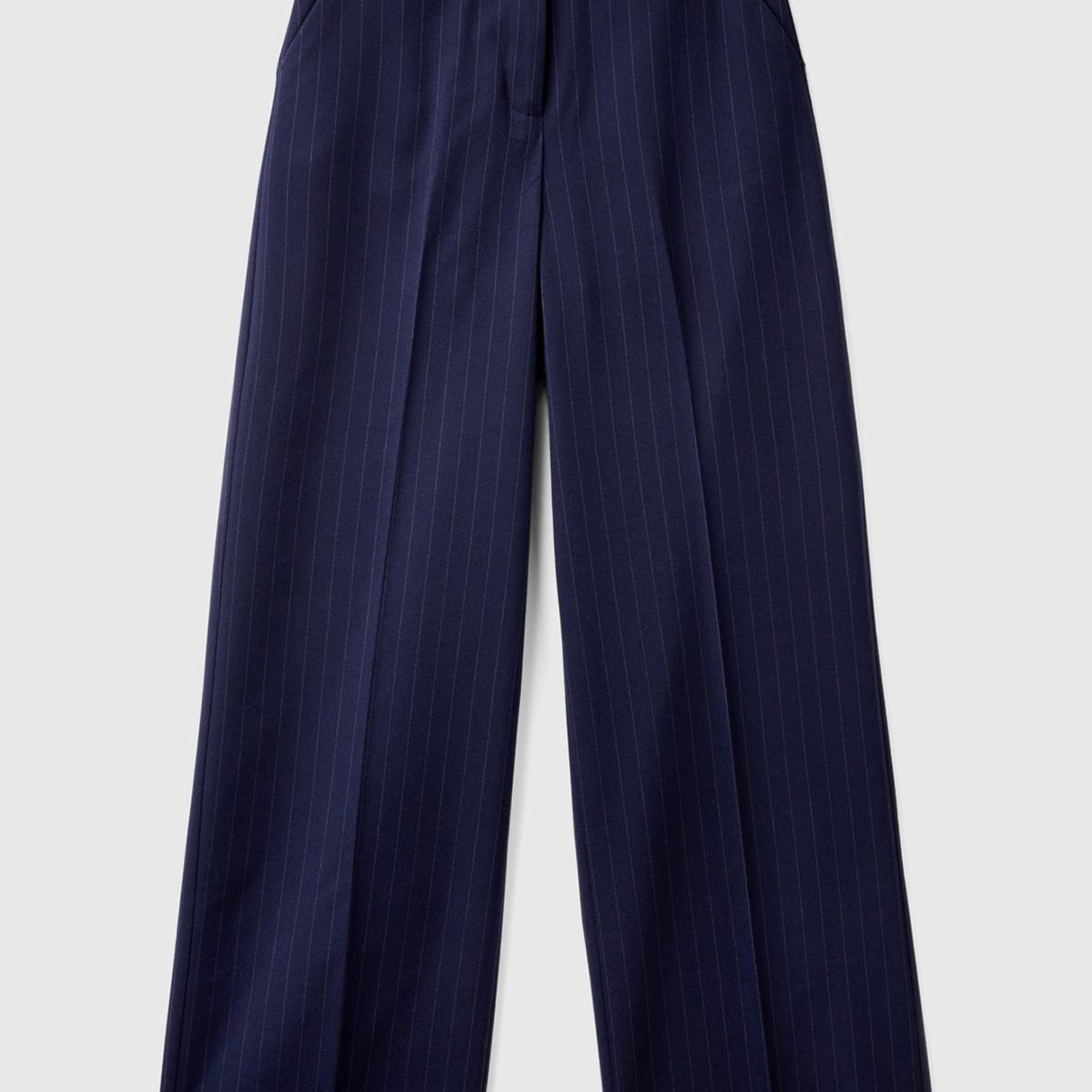 Kadın Lacivert Viskoz Karışımlı Önü Cepli İnce Çizgili Geniş Paça Pantolon