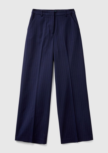  Kadın Lacivert Viskoz Karışımlı Önü Cepli İnce Çizgili Geniş Paça Pantolon