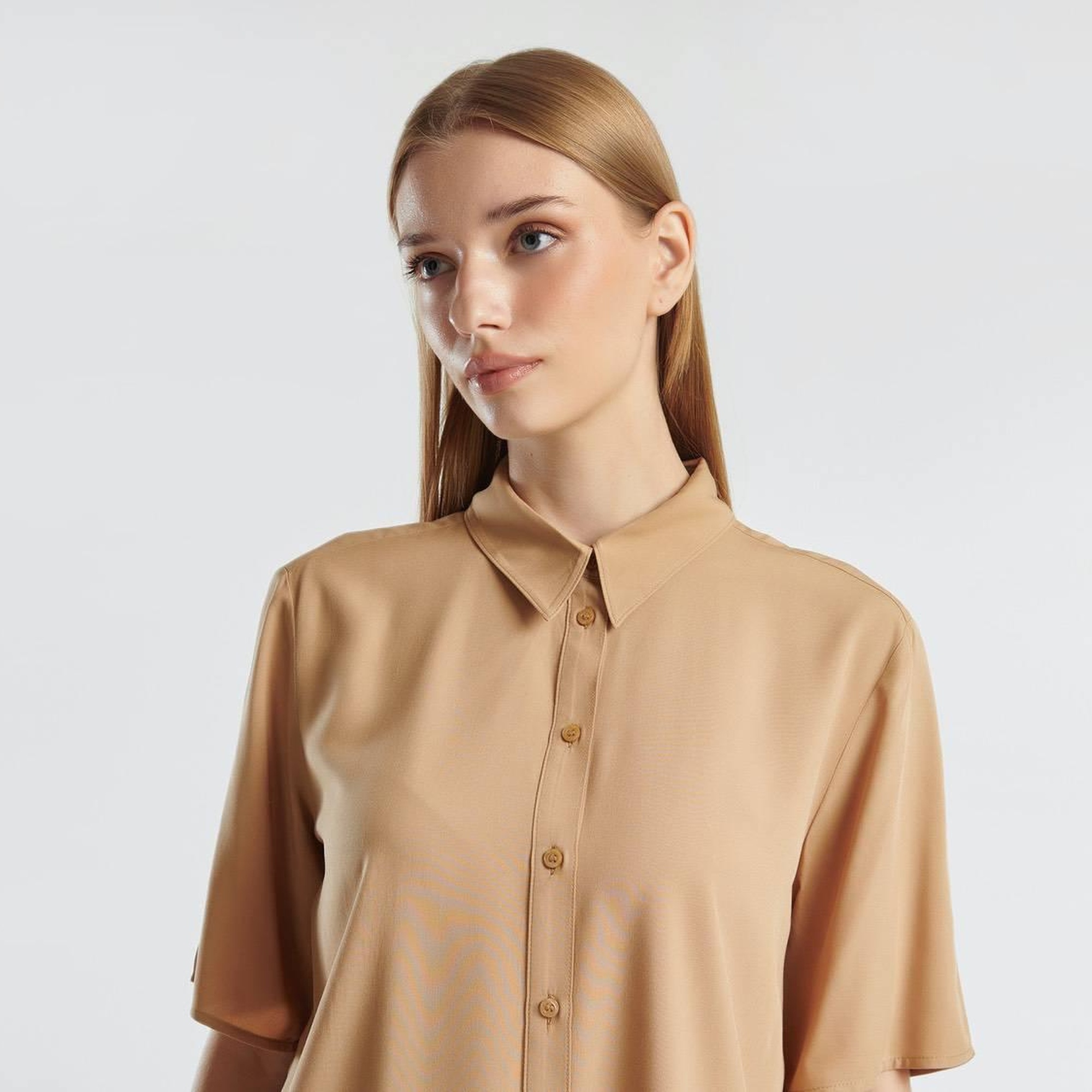 Kadın Bej %100 Viskoz Yarım Kollu Düz Gömlek