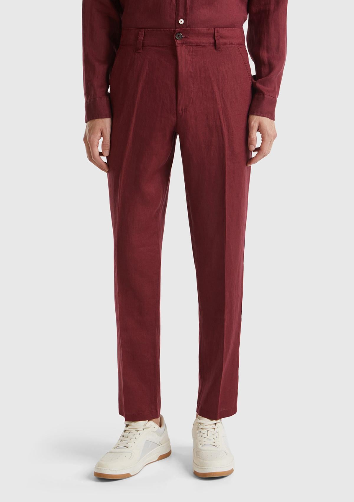  Erkek Bordo %100 Keten Pantolon