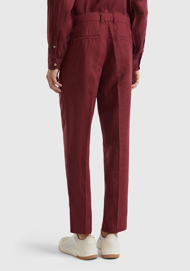  Erkek Bordo %100 Keten Pantolon