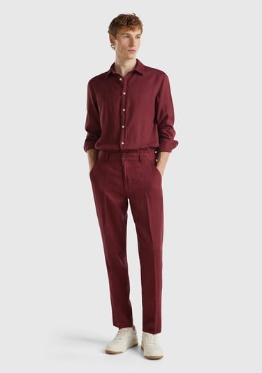  Erkek Bordo %100 Keten Pantolon