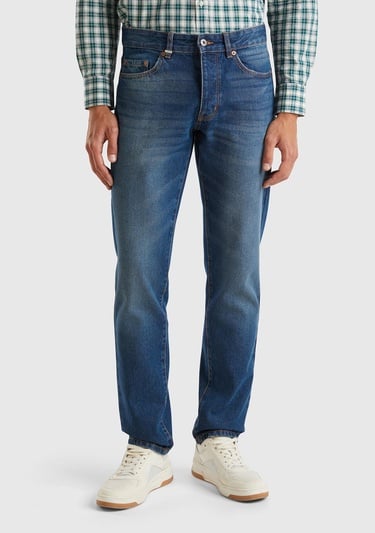  Erkek İndigo %100 Pamuk Arkası Logo Detaylı 5 Cepli Denim Pantolon