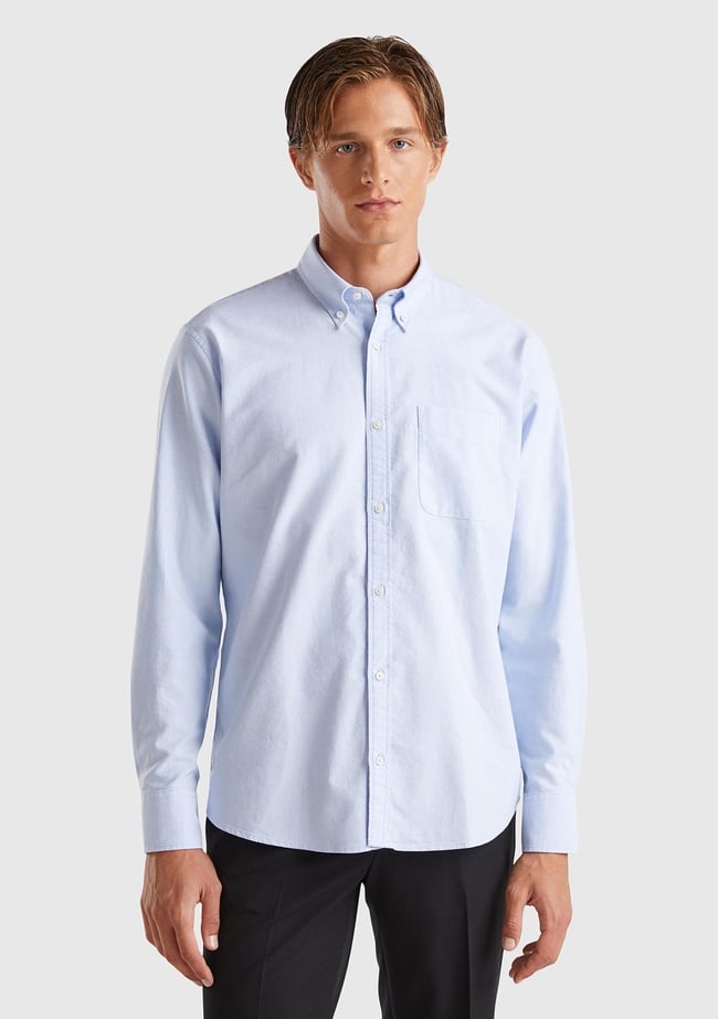  Erkek Turkuaz %100 Pamuk Göğsü Cep Detaylı Uzun Kollu Düz Gömlek