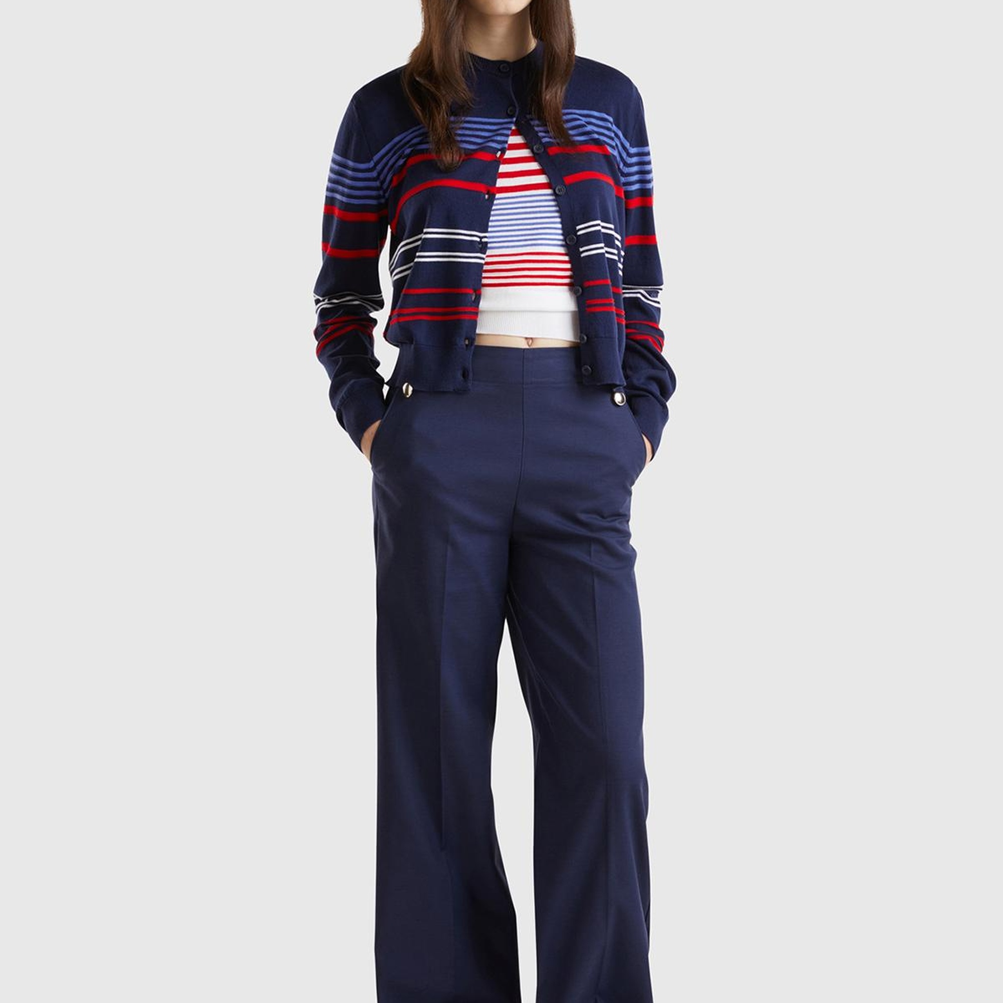 Kadın Lacivert Pamuk ve Viskoz Karışımlı Düğme Detaylı Geniş Paça Pantolon