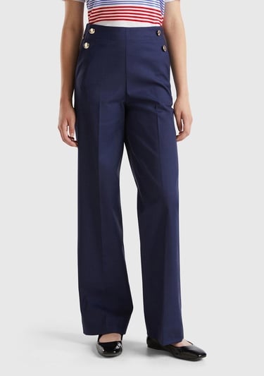  Kadın Lacivert Pamuk ve Viskoz Karışımlı Düğme Detaylı Geniş Paça Pantolon