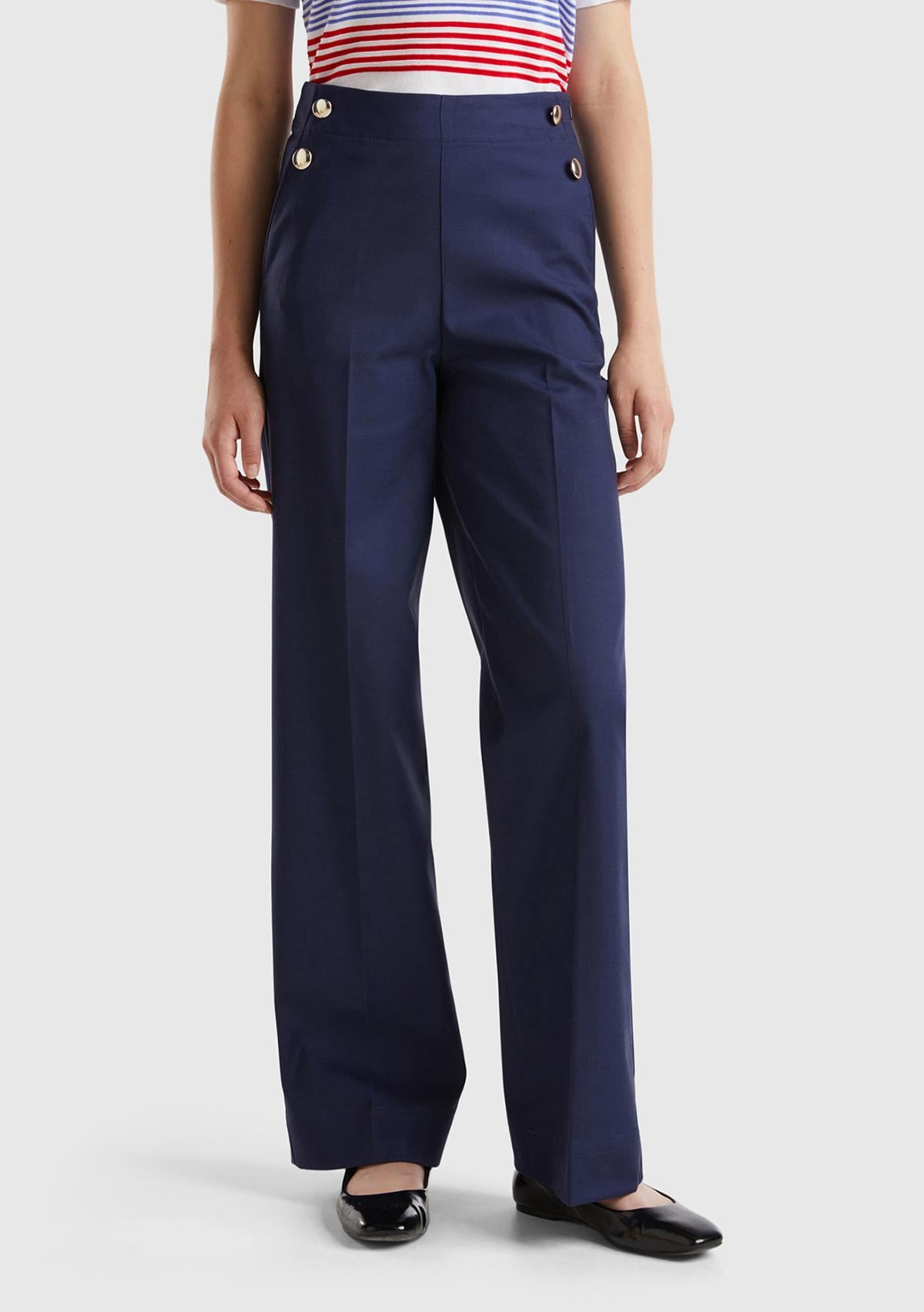  Kadın Lacivert Pamuk ve Viskoz Karışımlı Düğme Detaylı Geniş Paça Pantolon