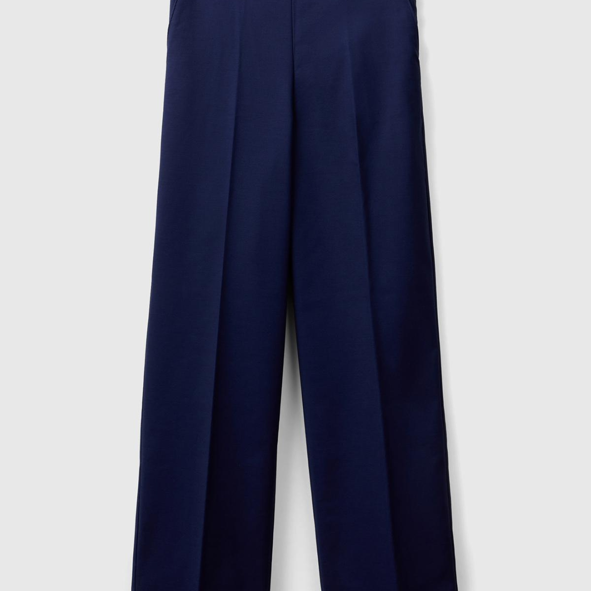 Kadın Lacivert Pamuk ve Viskoz Karışımlı Düğme Detaylı Geniş Paça Pantolon