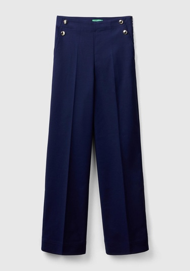  Kadın Lacivert Pamuk ve Viskoz Karışımlı Düğme Detaylı Geniş Paça Pantolon