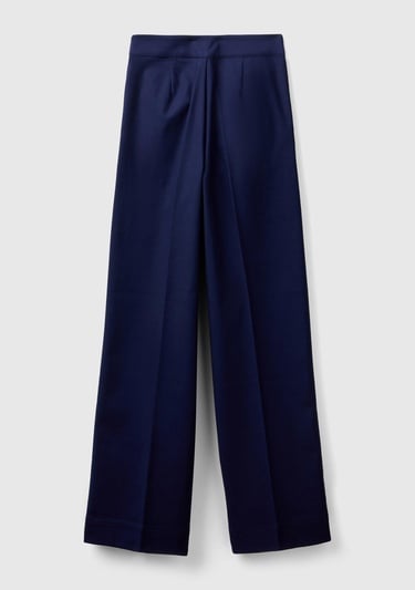  Kadın Lacivert Pamuk ve Viskoz Karışımlı Düğme Detaylı Geniş Paça Pantolon