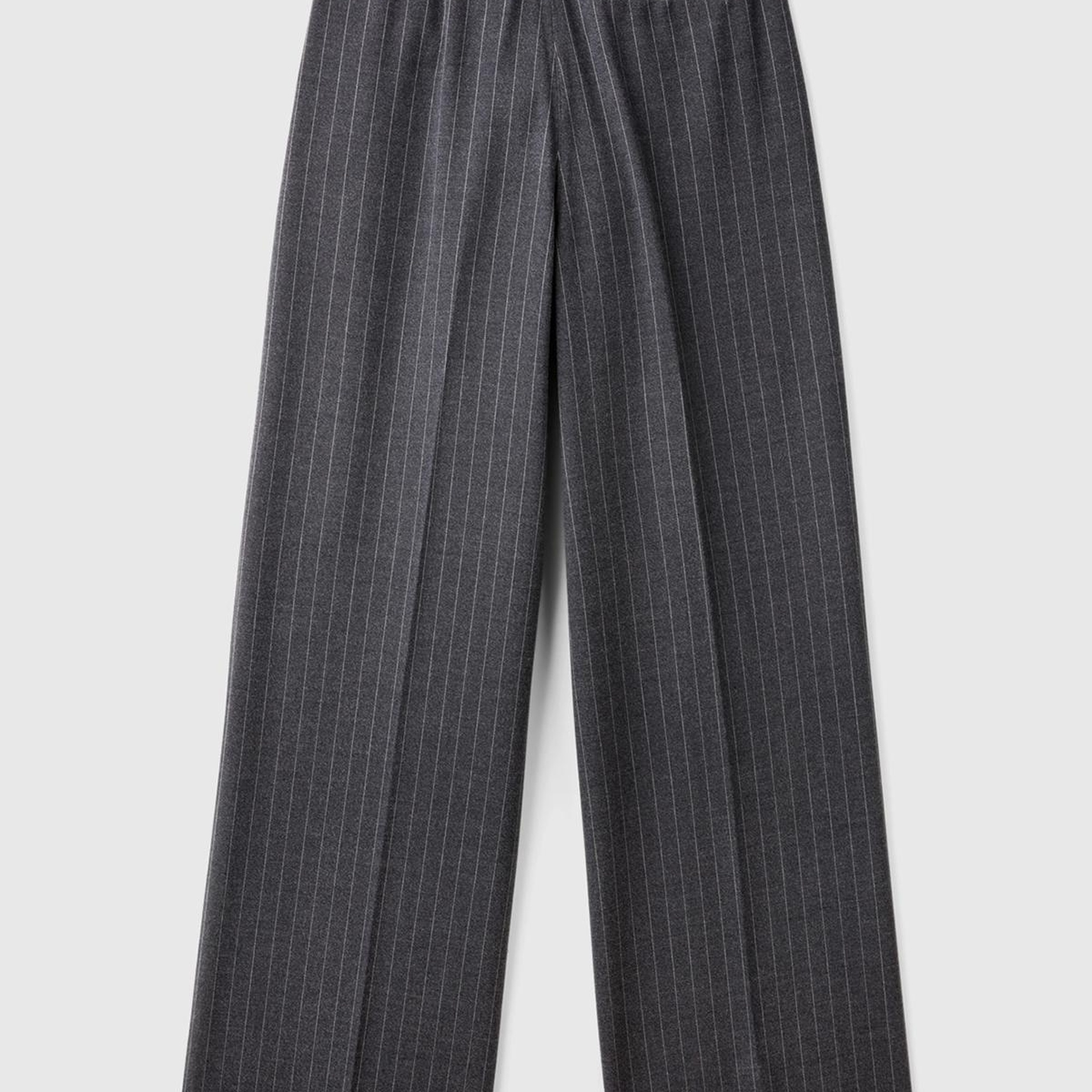 Kadın Antrasit Viskoz Karışımlı Önü Cepli İnce Çizgili Geniş Paça Pantolon