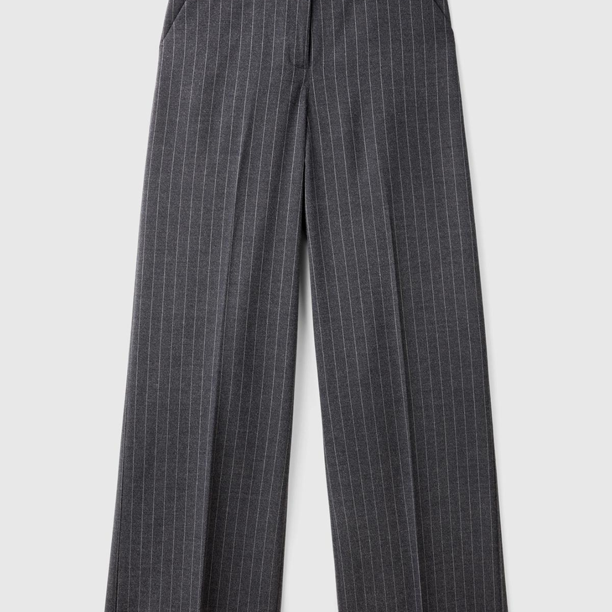 Kadın Antrasit Viskoz Karışımlı Önü Cepli İnce Çizgili Geniş Paça Pantolon