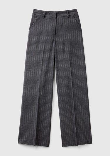  Kadın Antrasit Viskoz Karışımlı Önü Cepli İnce Çizgili Geniş Paça Pantolon