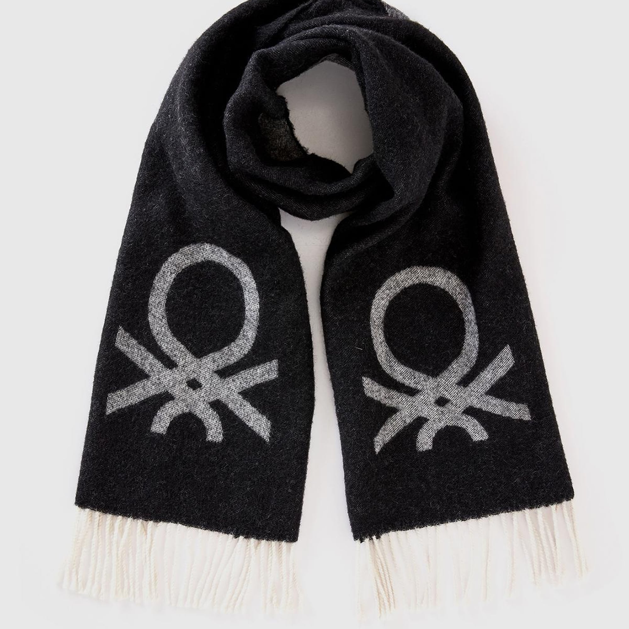 Erkek Siyah Yün Karışımlı Kontrast Renkli Logo Baskılı Atkı