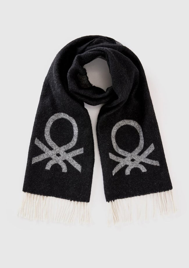  Erkek Siyah Yün Karışımlı Kontrast Renkli Logo Baskılı Atkı