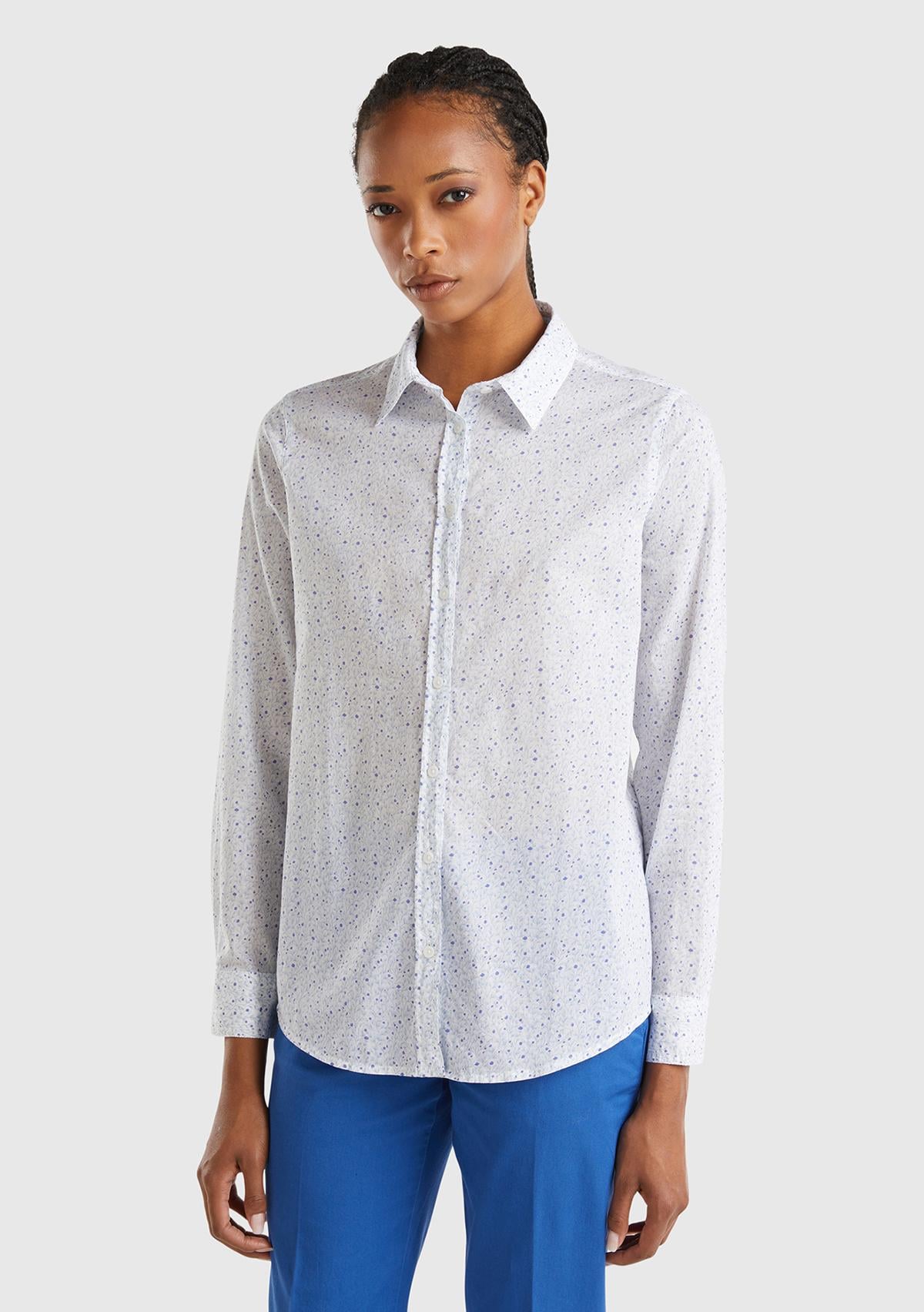  Kadın Mavi %100 Koton Desenli Gömlek