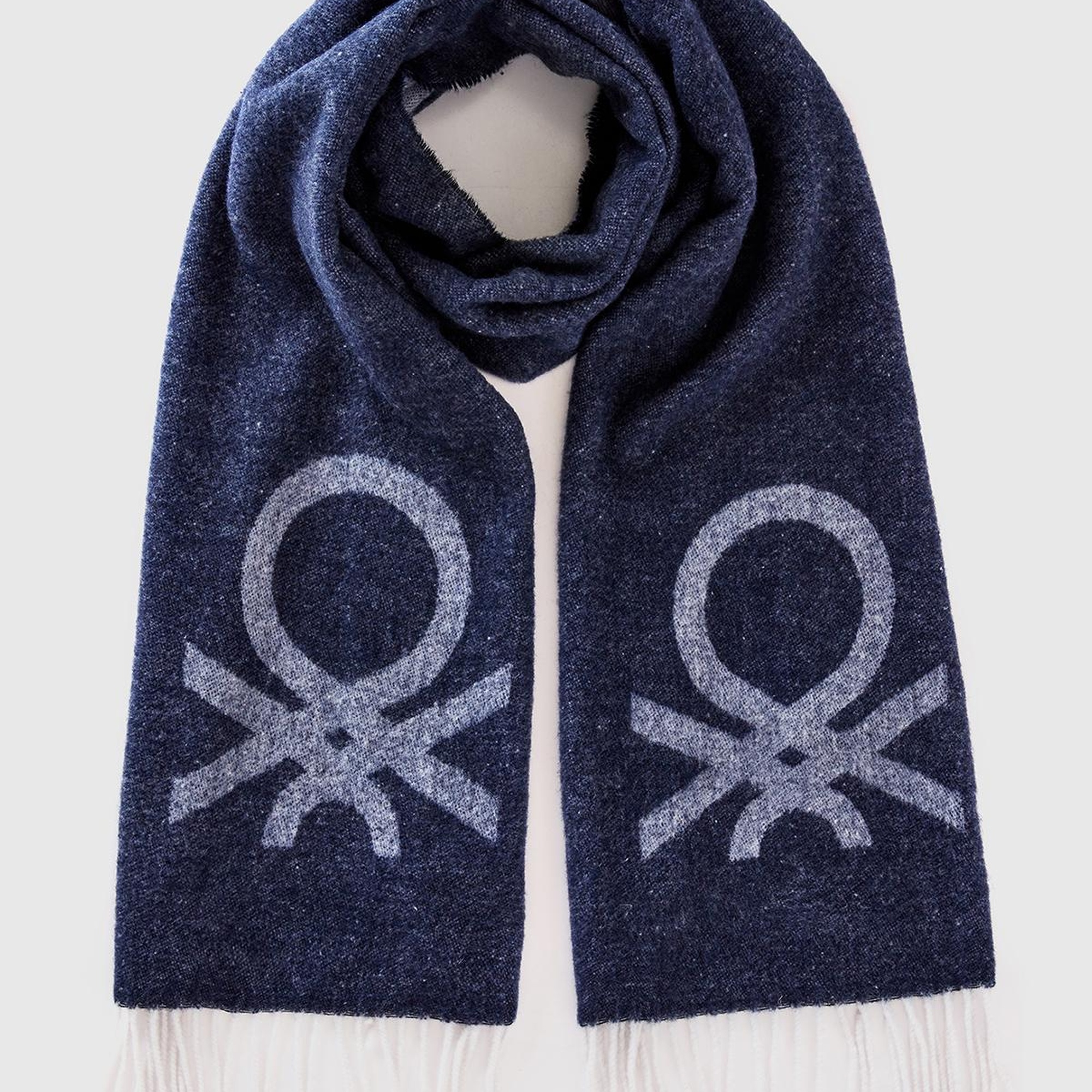 Erkek Lacivert Yün Karışımlı Kontrast Renkli Logo Baskılı Atkı