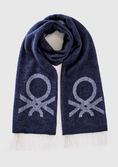  Erkek Lacivert Yün Karışımlı Kontrast Renkli Logo Baskılı Atkı