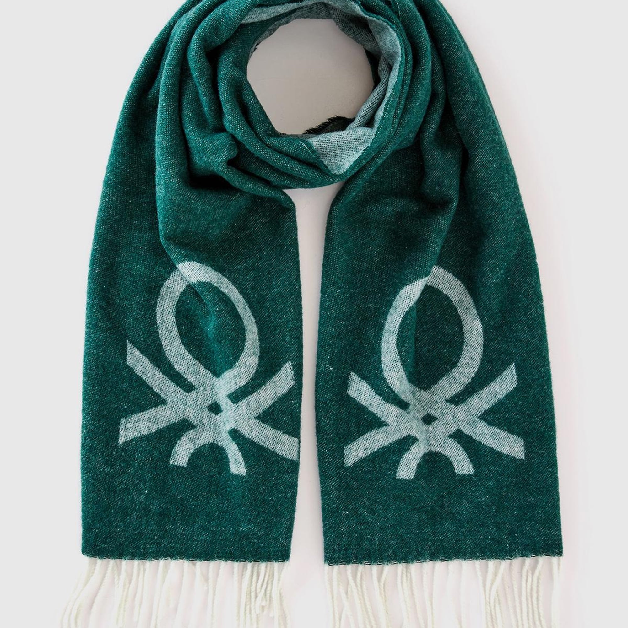 Erkek Yeşil Yün Karışımlı Kontrast Renkli Logo Baskılı Atkı