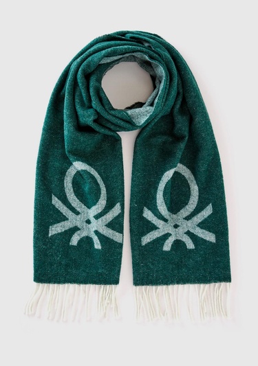  Erkek Yeşil Yün Karışımlı Kontrast Renkli Logo Baskılı Atkı