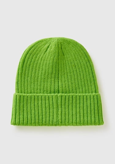  Kadın Yeşil Yün Karışımlı Slogan İşlemeli Bere