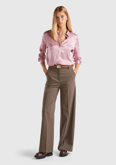  Kadın Taba Viskoz Karışımlı Önü Cepli İnce Çizgili Geniş Paça Pantolon